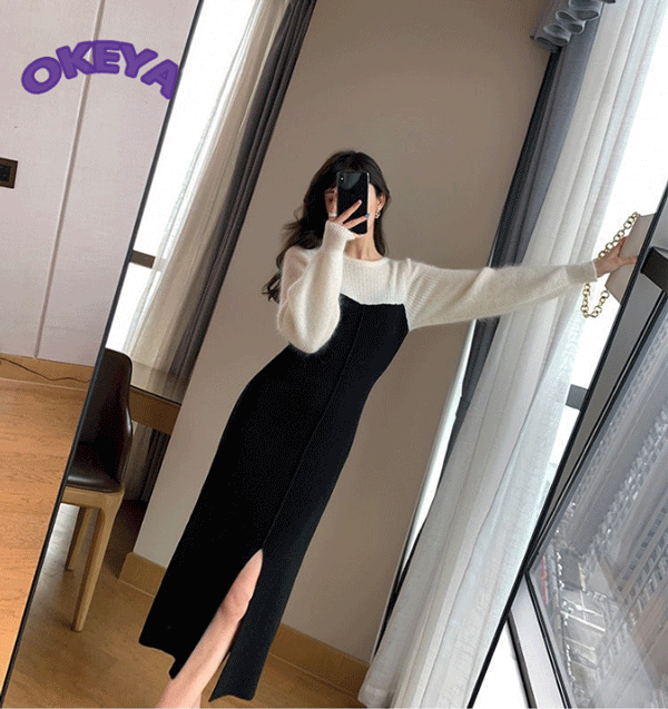 レディース服　ワンピース　ニットワンピース　ロングワンピース　韓国風　春　秋　冬　ワンサイズ