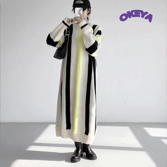 レディース服　ワンピース　ロングワンピース　ニットワンピース　ストライプ　カジュアル　春秋新作