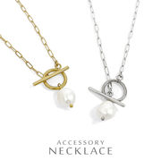 ▼MAGGIO▼淡水パール＆マンテルチェーンステンレスネックレス