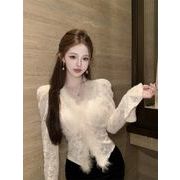 長袖トップス 切り替え スリム 着痩せ sweet系