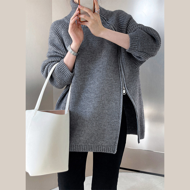 2024秋冬高級感無地ハイネックニットセーターファスナー開き