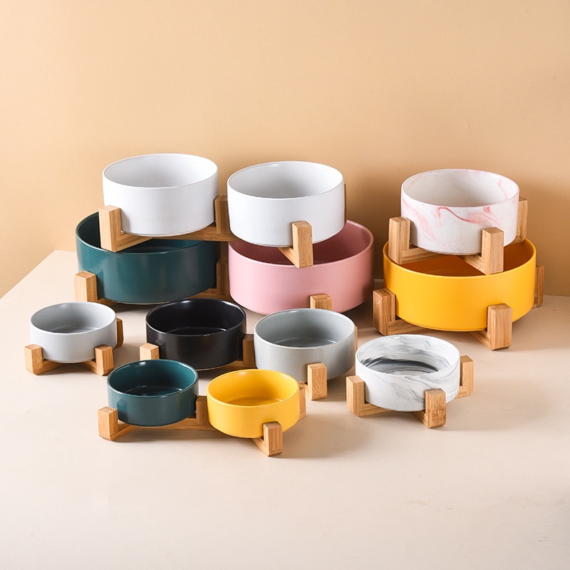 【2024春新作】 ペット 食器 フードボウル 可愛い 餌入れ 陶器 水入れ 木製スタンド付き 5色展開