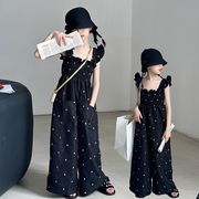 2025春新作 親子コーデ☆韓国風女の子肩フリルハート柄ポケット付きオールインワン