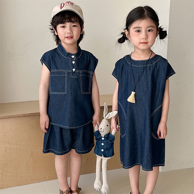 QQMM☆2025夏新作 姉妹兄弟コーデ背中開きデニム無袖ワンピースORデニム2点セット