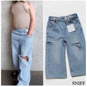 クロスボーダー 親子コーデ ヴィンテージ風 ストレート チルドレン リップド ワイドパンツ デニム 女