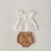 zheg☆2025 夏 0-3歳 女の子用セット フライングスリーブトップス + ロンパースパンツ 2点セット