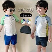 【2025夏新作】キッズ 水着 男の子 セパレート トップス ラッシュガード 半袖 パンツ キャップ 3点セット