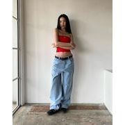 TSHEKレトロポケット 刺繍入り マルチスタイル ルーズ ワイドレッグ カジュアルデニムパンツ