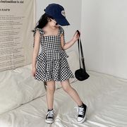 2025年夏新作 韓国風子供服 女の子用レトロチェック柄ノースリーブワンピース＋デニムベスト