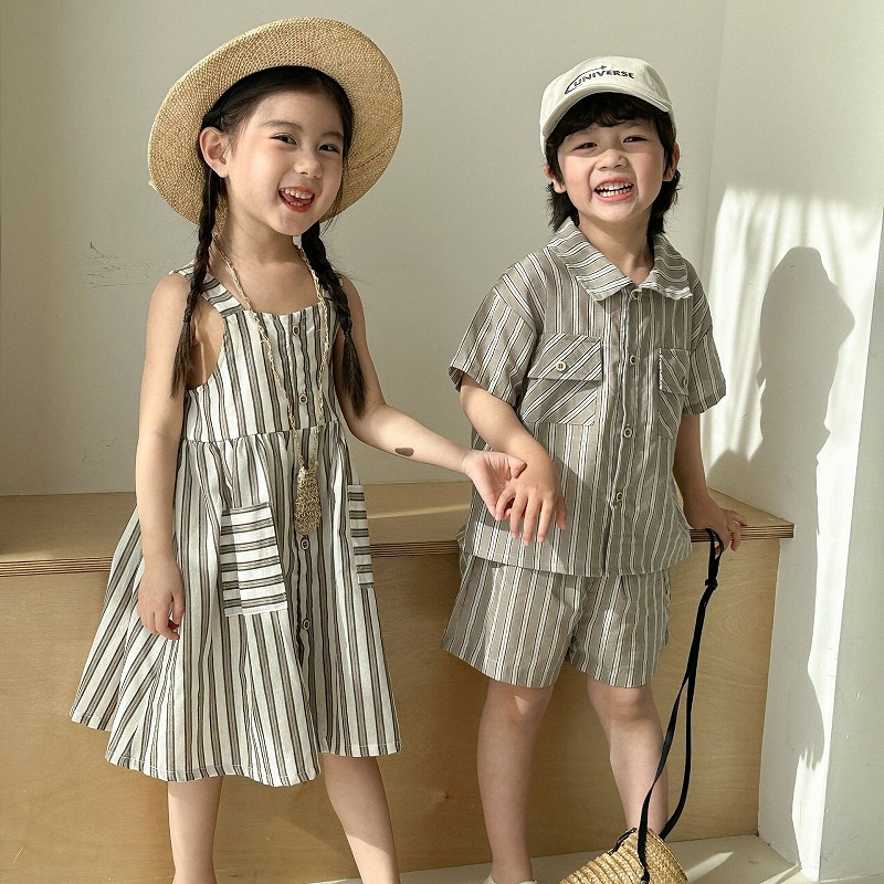 [80-150cm] 兄妹コーデ ストラップ柄 ワンピース セットアップ 女の子男の子 韓国風 春夏 キッズ 子供服