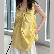 ラウンドネック 立体ツイスト デザインタンクトップ ゆったりブラウス レディース