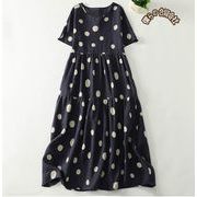 レディース服　2025年INS夏新作　ワンピース　綿麻　ロング　Aラインワンピース　ドット柄　M#-2XL#
