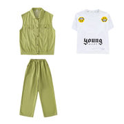キッズ ダンス 衣装 グリーンベスト グリーンパンツ ホワイトTシャツ 3点セット