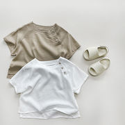 Muziyou☆2025夏 子供用綿麻トップス 男女兼用 ベビー半袖Tシャツ