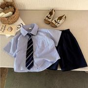 2025新作 韓国風子供服  男の子 半袖 ストライプ  シャツセット  90cm-150cm