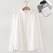 シャツ レディース 長袖 襟付き ガーゼシャツ トップス ブラウス コットン ホワイト チェック柄 シンプル