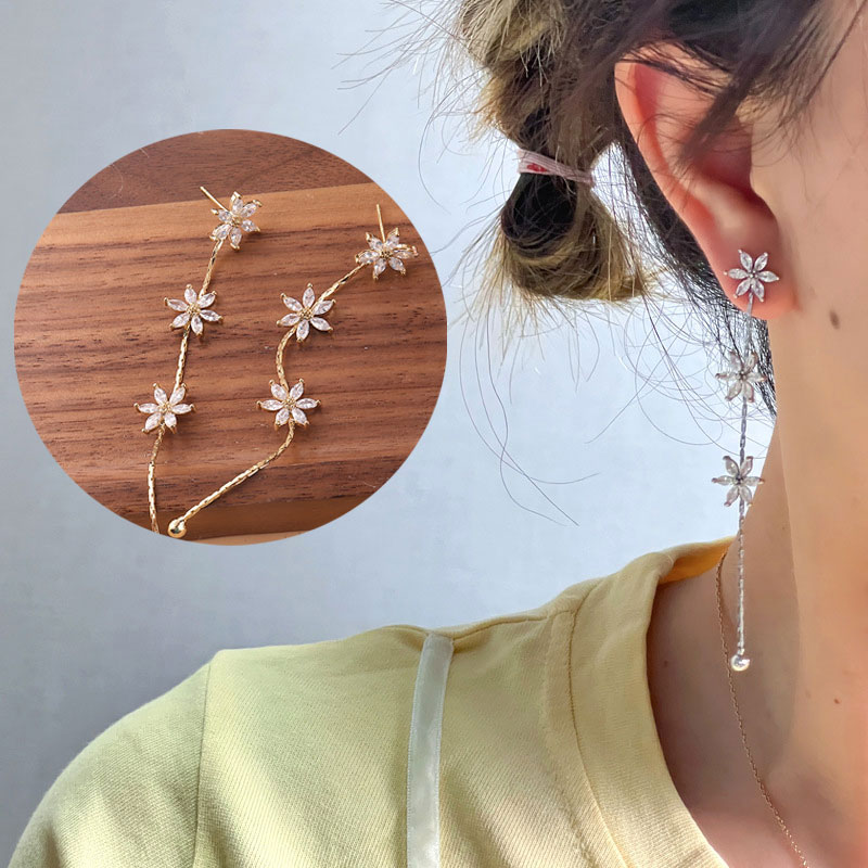 フラワー ピアス チェーンピアス クリア ロング 揺れ 花 K14ゴールド 浴衣 ゆかた レディース 大人っぽい