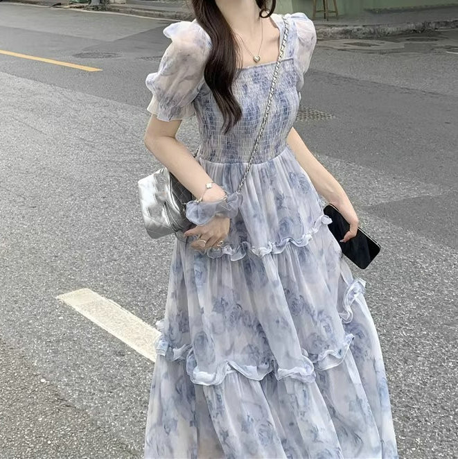 SS 夏新作 ゆれワンピース 裏地あり 細見え 大人可愛い フリルワンピ ふんわり マキシ丈ワンピース ロング