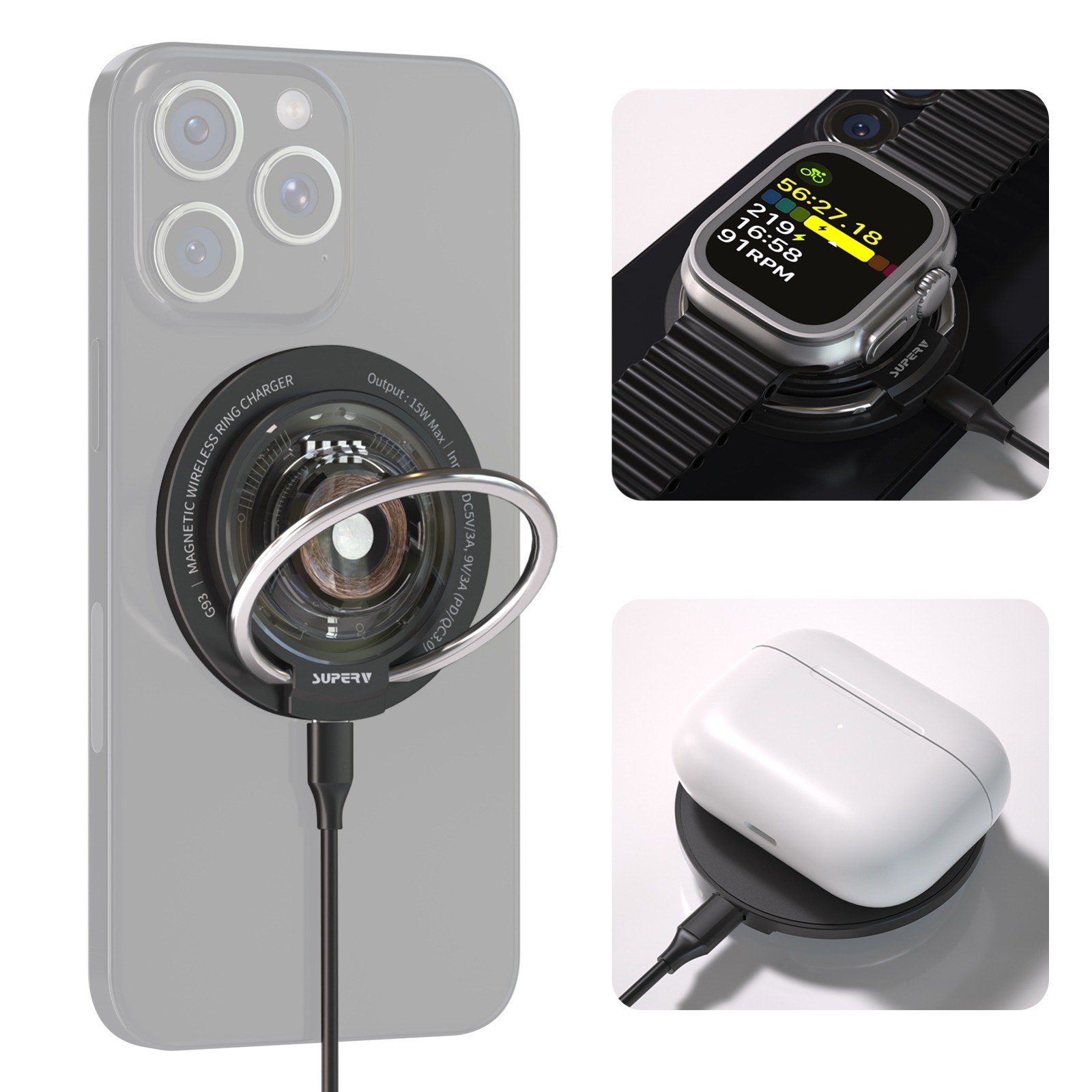 SUPERV G93 3in1 MagSafe ワイヤレス充電器 スマホリングiPhone12以降 AppleWatch Airpods 各種対応
