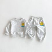 [80-130cm] 子供 スマイル笑顔プリント スウェットセットアッブ 上下セット トップス＆パンツ 男女兼用