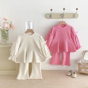 全2色[80-130cm] 女の子セットアップ 韓国風 フリルブラウス＆フレアパンツ 蝶結び付き キッズ2点セット