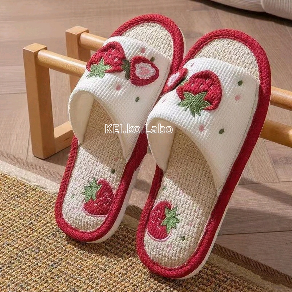 2色   いちご柄 スリッパ レディース  ルームシューズ  春秋冬  綿と麻のスリッパ  いちご雑貨