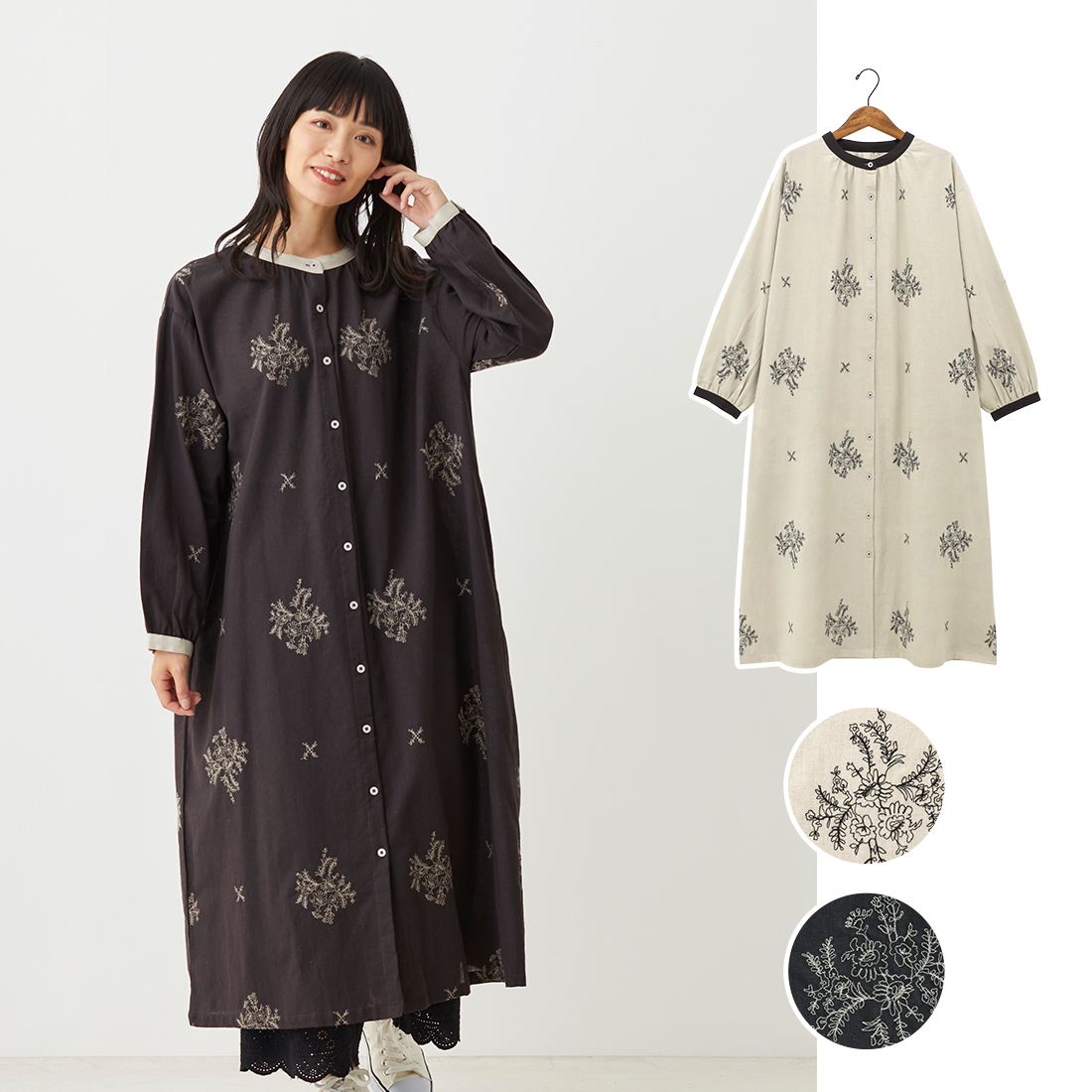 【PORINA】ワンピース クラッシー[長袖刺繍ナチュラルボタニカル秋冬25AW]