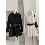 春秋新作 女 レディース ハイウエスト 長袖 無地 シャツ  ミニ ワンピース ドレス 台型スカート