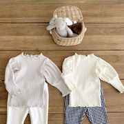 ins 秋新作　ベビー服　リブ　パフスリーブ　長袖Tシャツ　トップス　無地　インナーシャツ　子供服