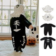 [66-90cm] ハロウィン用ベビー服 INS風スカル柄ロンパース 長袖フェスティバルコスチューム 赤ちゃん