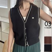 【2025新作商品♪】ボタンアップ 配色ショート丈ボクシーニットベスト