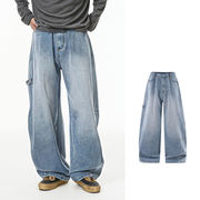 メンズ 秋新作 ワイドレッグ デニムワークパンツ アメリカンレトロ ヴィンテージウォッシュ カジュアル★