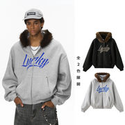 メンズ 冬新作 フード付き刺繍スウェットジャケット ボア襟付き ボクシーシルエット短丈 アウター★全2色