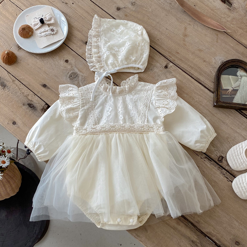 2025秋冬※退院着ベビー網レース付きロンパース帽子付き