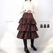 【2025新作】先染めオーバーチェック　ティアード　ミディ　スカート(32985)