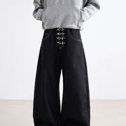 メンズデニム 飛行機バックルデザイン ワイドストレート 高街系フレア感ロング