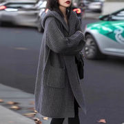 ニットカーディガン レディース ニットコート カーデ ロング丈 ゆったり 体型カバー フード付き