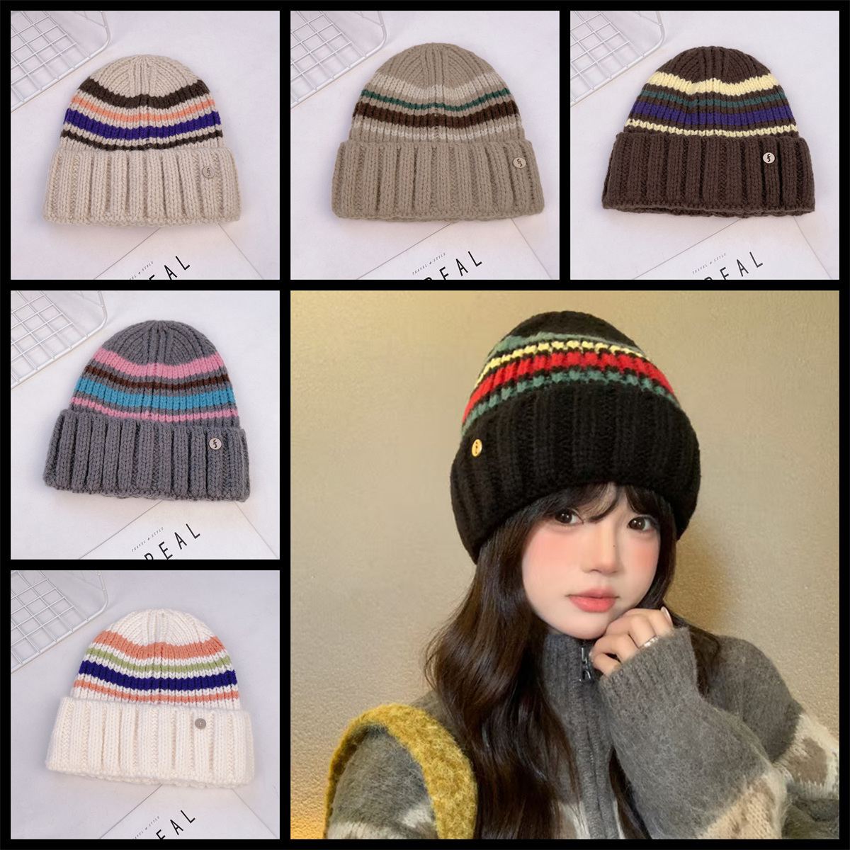 韓国風 ストライプ ニット帽 レディース 秋冬 保温 小顔効果 おしゃれ
