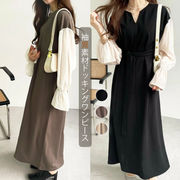 2025新作 レディース ワンピース ぽわん袖 おしゃれ 体型カバー ドッキング 異素材 キーネックワンピ