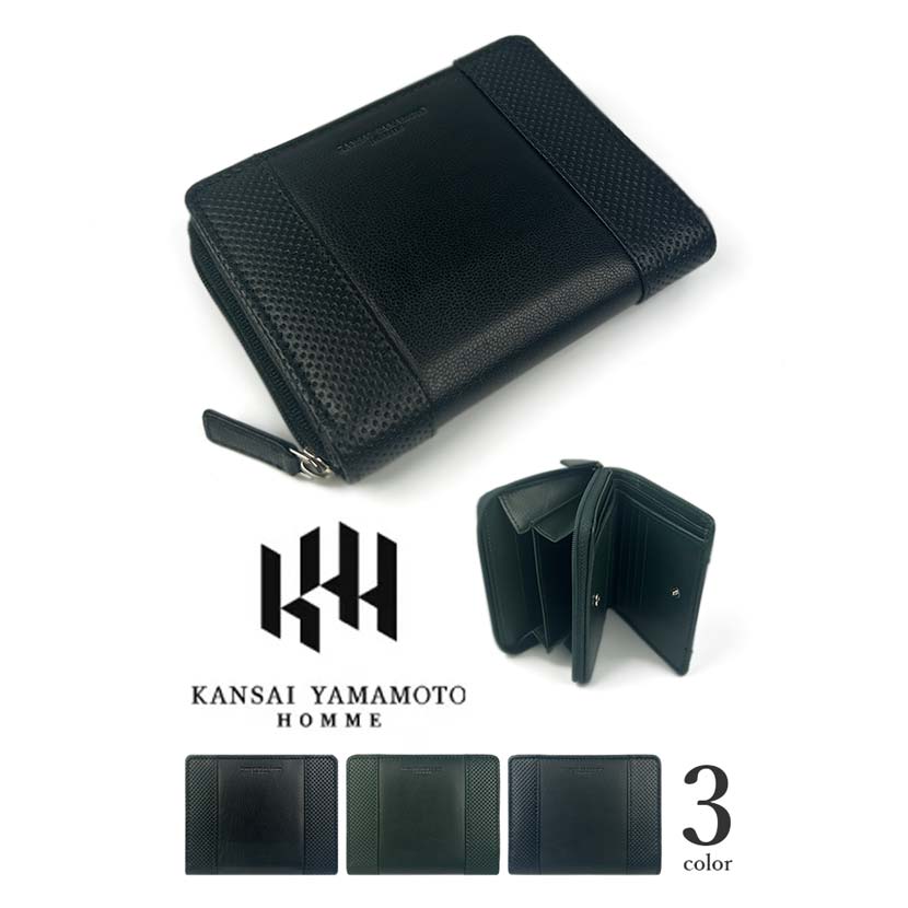 セール★KANSAI YAMAMOTO（カンサイ・ヤマモト）シボなし×パンチング Rファスナー二つ折り財布 本革