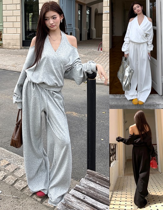 全3色 上下セット 2点セット オフショルダー 切り替え 体型カバー 着痩せ カジュアル