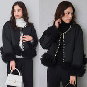 オシャレリゾート工芸ネットレース切替カーディガンパーカーパール付き　レディース