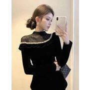 長袖トップス フリル 切り替え スリム 着痩せ シンプル