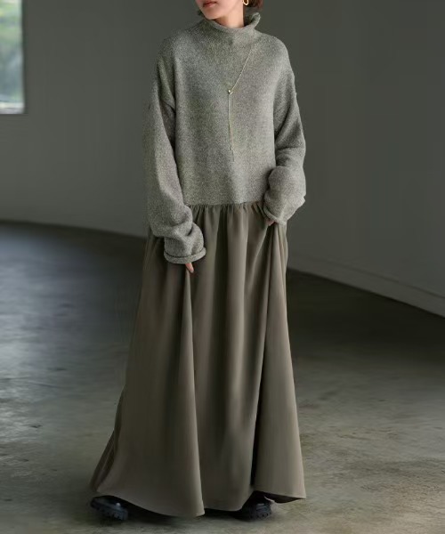 ワンピース レディース ワンピ ロングワンピース ニットワンピース ハイネック ゆったり 暖か