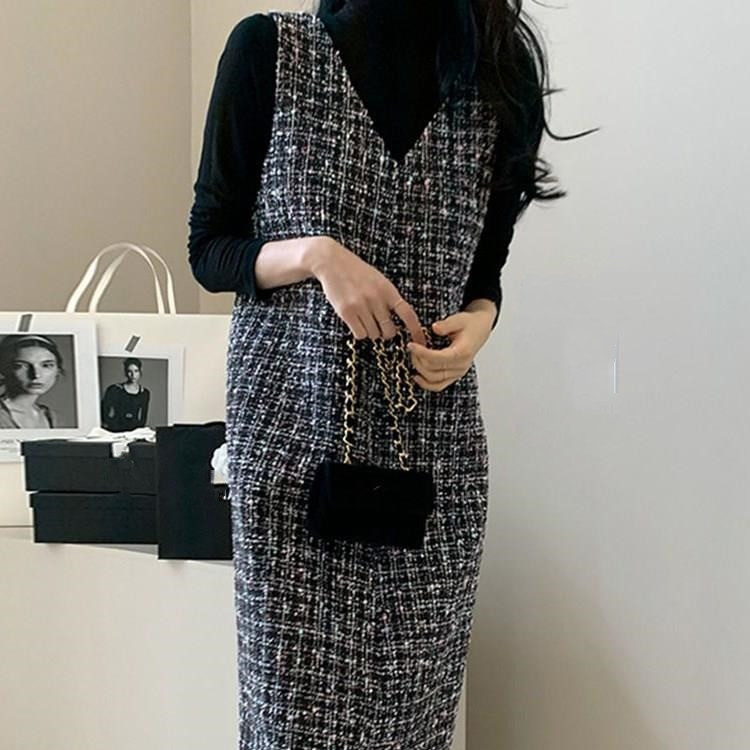 ベストワンピース ノースリーブ ジャンパースカート ロング ワンピース 重ね着 Vネック