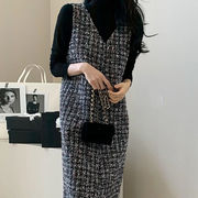 ベストワンピース ノースリーブ ジャンパースカート ロング ワンピース 重ね着 Vネック