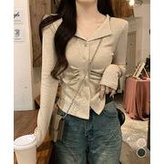 【日本倉庫即納】 オープンカラーフロントギャザートップス