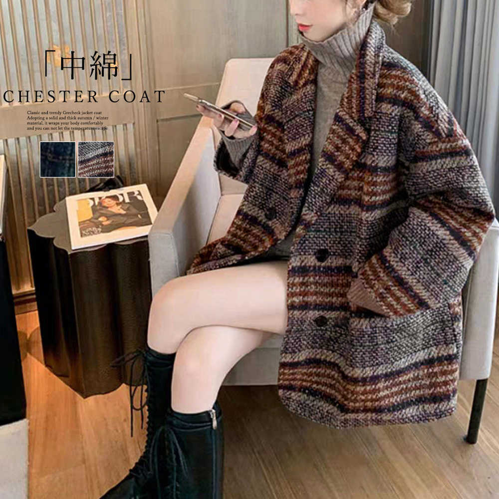 【日本倉庫即納】 チェック柄 チェスターコート レディース