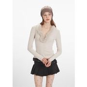 安価な！ Vライン強調 ファーネックライン 長袖タイトT レディース 秋冬新定番 ソリッドカラーデザイン