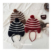 子供帽子　キッズニット帽    ボーダー柄　ポンポン付き   韓国キッズハット